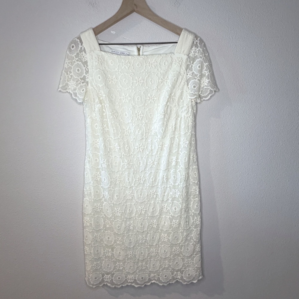 MAGGY LONDON Womens Floral Lace Square Neck Sheath Dress Size 8 Coquette Bridal